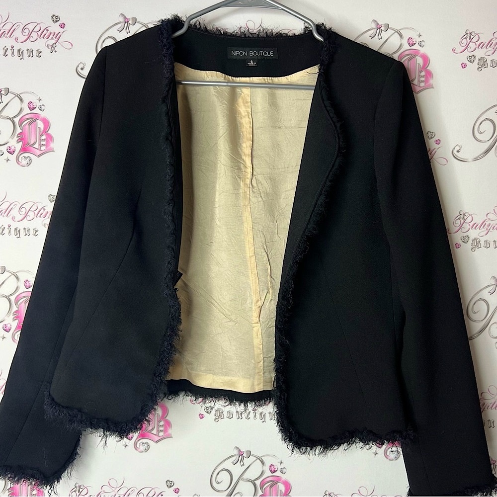 Nipon Boutique blazer Black silk furry cuffs Classic Suit Jacket